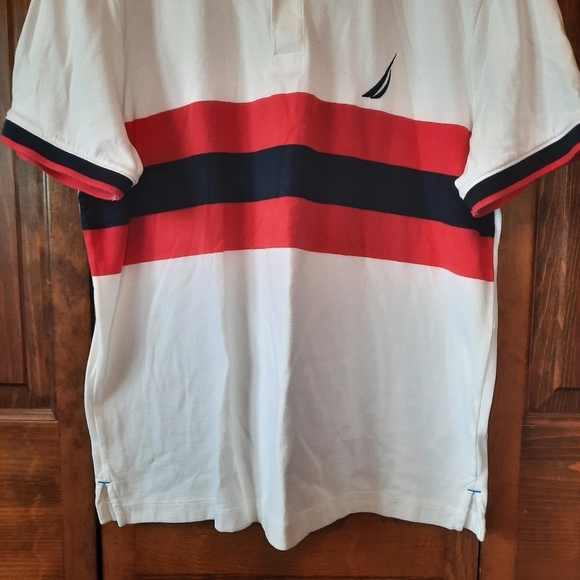 Nautica white striped preppy striped short sleeve polo shirt size large - Picture 3 of 11